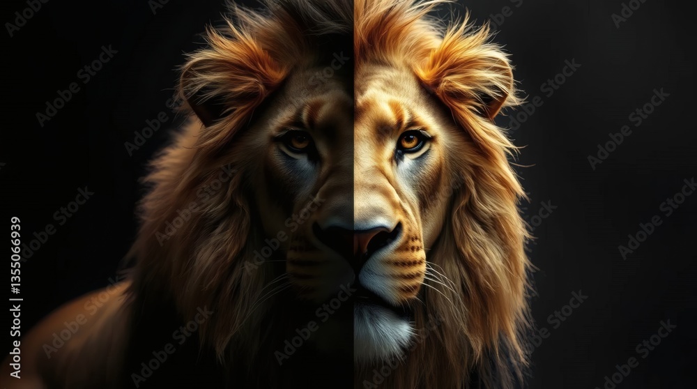 A lion portrait is split in half. One side is highlighted in the sun, the other shrouded in shadow. A lion portrait is split in half. One side is highlighted in the sun, the other shrouded in shadow.