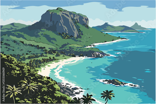 26 Tropical island paradise, aerial view, turquoise waters, rocky coastline, lush green vegetation, palm trees, clear blue sky, crystal clear lagoons, rugged cliffs, secluded beaches, pristine nature,