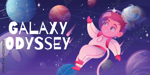 Space kid. Cute planet astronaut adventure on rocket, child moon and star universe. Earth world, sun and spaceship science. Horizontal background. Futuristic banner. Vector cartoon design