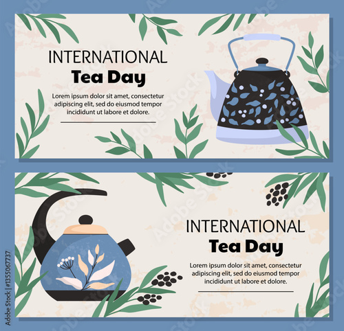 International tea day banner. Horizontal background. Flyer or brochure with kettle and green leaves. Cozy doodle tableware, porcelain teapots, Vector cartoon flat isolated illustration set