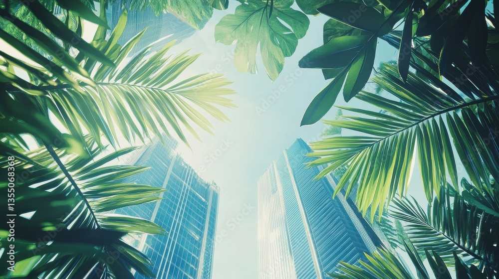Fototapeta premium Urban Oasis: Skyscrapers Framed by Lush Tropical Foliage Under a Bright Sun