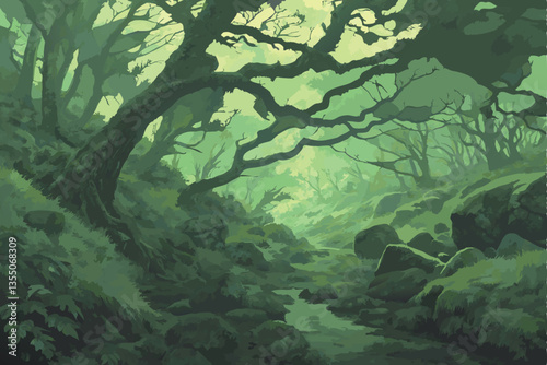 27 Lush ancient forest, moss-covered boulders, misty atmosphere, twisted tree branches, ethereal green light, mystical woodland, stream running through rocks, fantasy landscape, dense vegetation, magi