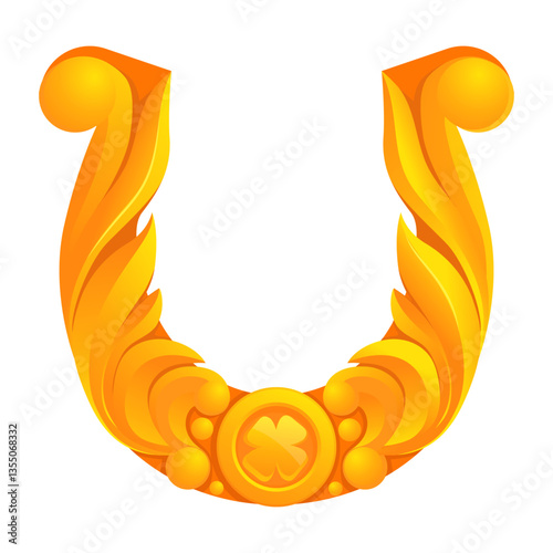 Golden horseshoe. Gold luck symbol with ornament. Metallic horse shoe, cowboy talisman. Fortune amulet, emblem or label. Traditional rodeo icon. Vector isolated horseshoe illustration
