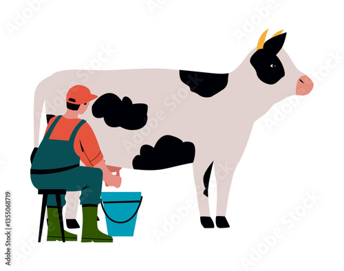 Farm milky animal. Agriculture worker milking cow. Farmer caring of livestock. Countryside cattle. Organic dairy products. Domestic mammal. Rural people work. Vector farming concept
