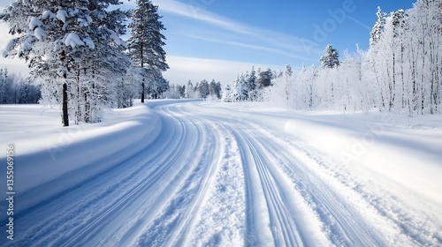 Serene Winter Landscape with Snow Covered Road Surrounded by Frosted Trees : Generative AI