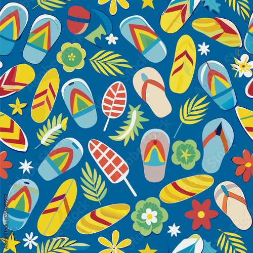 Summer flip-flops and tropical leaves pattern.