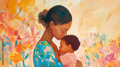 Mother and Child Embrace Amidst Floral Bliss