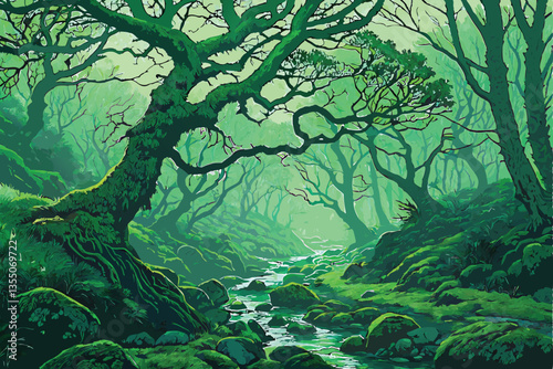27 Lush ancient forest, moss-covered boulders, misty atmosphere, twisted tree branches, ethereal green light, mystical woodland, stream running through rocks, fantasy landscape, dense vegetation, magi