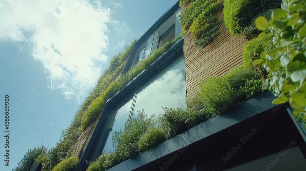Modern Eco-Friendly Building with Lush Vertical Garden and Skyward View Modern Eco-Friendly Building with Lush Vertical Garden and Skyward View