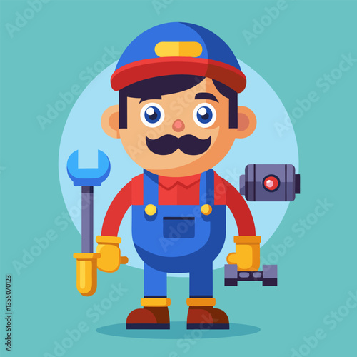 Friendly mechanic character with tools.