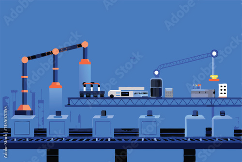 Design a detailed industrial scene featuring multiple factories, interconnected conveyor belts, and heavy machinery, emphasizing a gritty, realistic aesthetic.