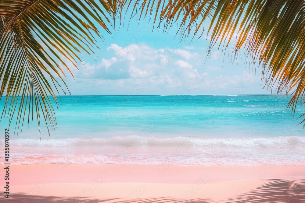 Obraz premium Turquoise Ocean Waves Lapping on Pink Sand Beach Framed by Palm Fronds on Sunny Day