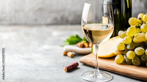 Elegant glass of white wine beside fresh grapes and savory snacks on a tasteful kitchen table : Generative AI