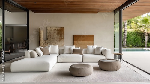 Elegant contemporary living room showcasing a cozy white sectional sofa and artistic decor elements   Generative AI