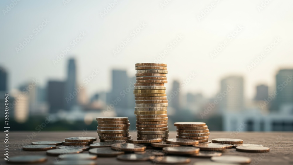 Stack of coins on wooden surface with city background. Depicts investment, financial growth, savings, economy and business success. Concepts include wealth, planning and prosperity.