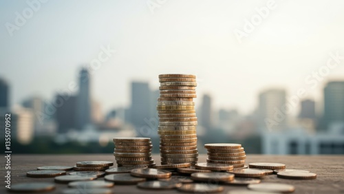 Obraz na płótnie Stack of coins on wooden surface with city background. Depicts investment, financial growth, savings, economy and business success. Concepts include wealth, planning and prosperity. w salonie