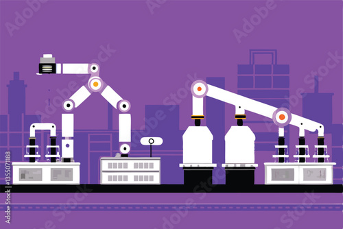 Design a detailed industrial scene featuring multiple factories, conveyors, and smokestacks, emphasizing heavy machinery and a gritty aesthetic.  Show worker activity.