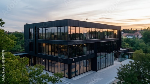 Modern black building with large glass windows reflecting the sunset sky amidst lush green trees   Generative AI