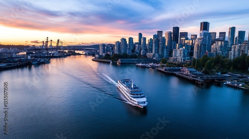 Wallpaper Mural Stunning Sunset Over City Skyline with Boat Sailing through Calm Waters in the Harbor : Generative AI Torontodigital.ca