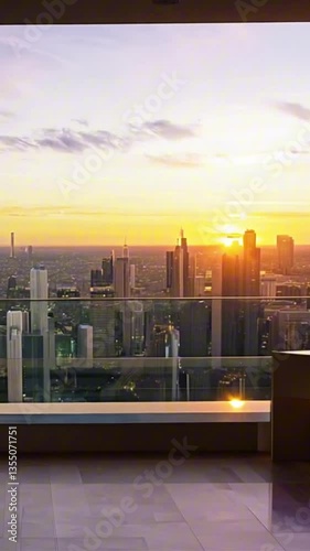 vertical 9:16 A breathtaking view from a luxury penthouse balcony overlooking a glowing city skyline at sunset. Cinematic look with warm golden hour back-lit lighting