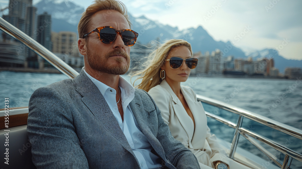 Affluent Couple Riding a Yacht in Monte Carlo Dressed in Smart Casual Attire With Sunglasses On Affluent Couple Riding a Yacht in Monte Carlo Dressed in Smart Casual Attire With Sunglasses On