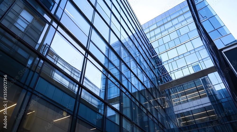 Contemporary Office Building Facade Featuring Reflective Glass Windows Under Clear Sky : Generative AI Contemporary Office Building Facade Featuring Reflective Glass Windows Under Clear Sky : Generative AI