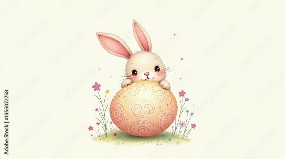 Obraz premium Cute Easter Bunny Holding a Decorated Egg
