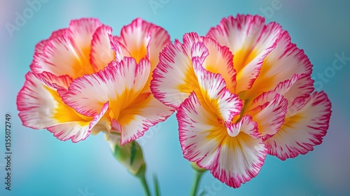 Two Dianthus flowers, close-up, pastel background, greeting card