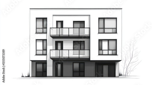 Modern apartment building exterior design, front view, sketch rendering