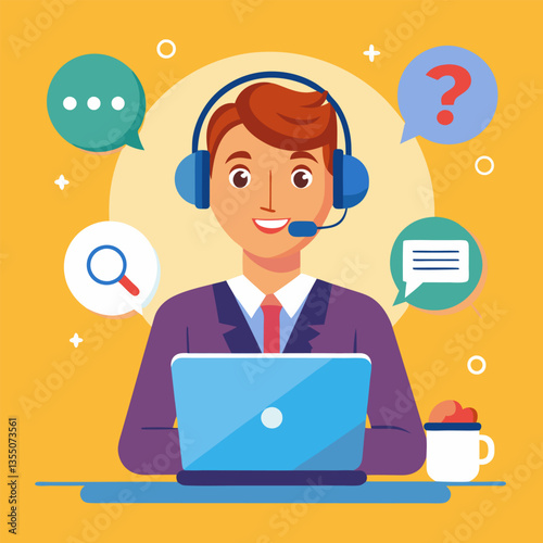 Smiling customer service agent working on laptop.