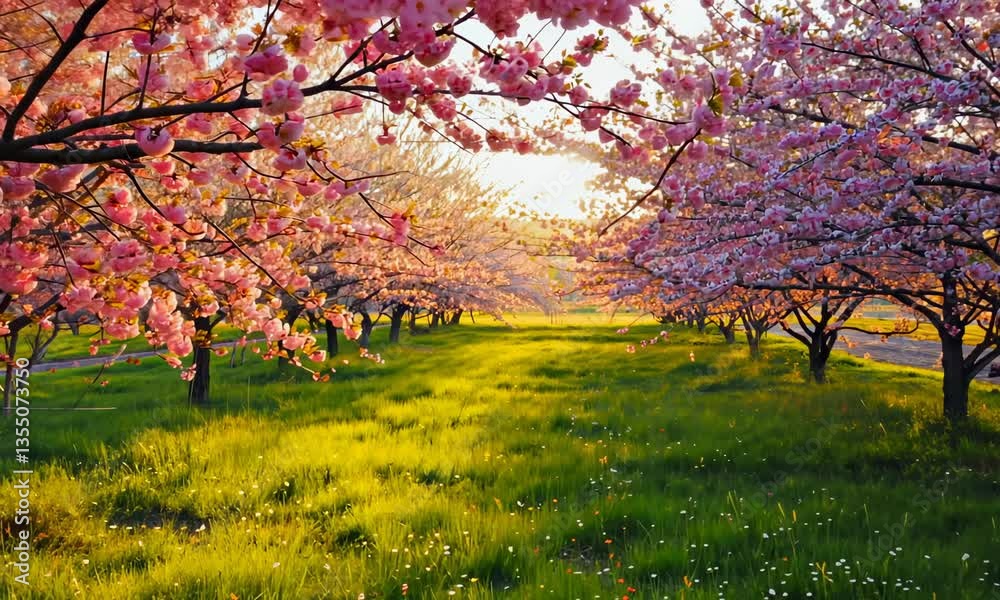 Pink cherry tree blossom flowers blooming in a green grass meadow on a spring Easter sunrise background