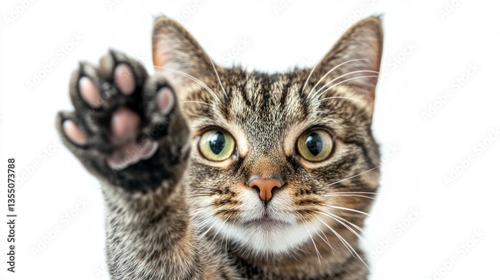 Tabby Cat Reaching Out with Paw in Studio with White Background