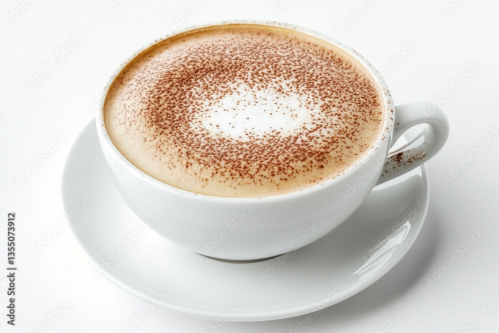 Obraz premium Cappuccino in White Cup on Saucer with Cocoa Powder Decoration Overhead Still Life Photography