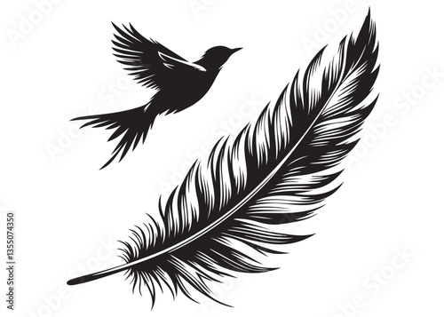 vector silhouette of a feather with flying bird logo, feather with flying bird logo icon, feather with bird logo design black animal, black feather with flying bird silhouettes on white background