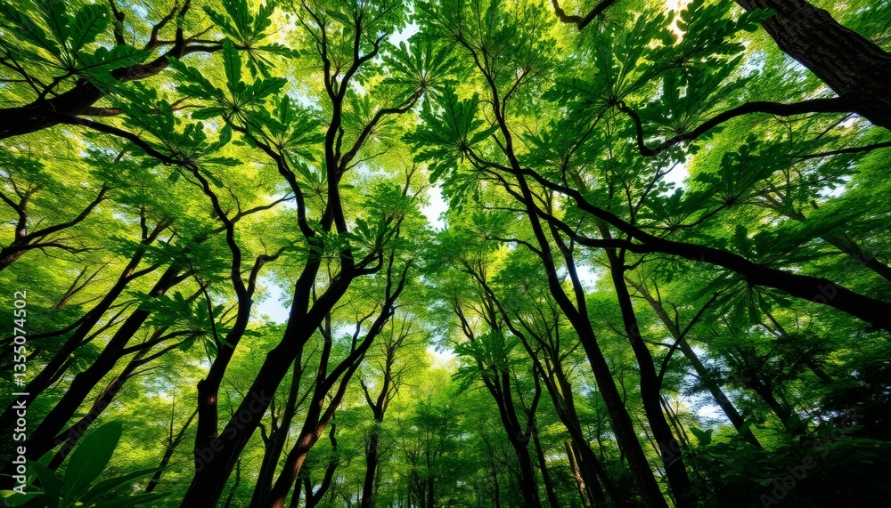 Fototapeta premium Lush Green Forest Canopy Perspective Sunlight Through Tree Branches Nature Scenery