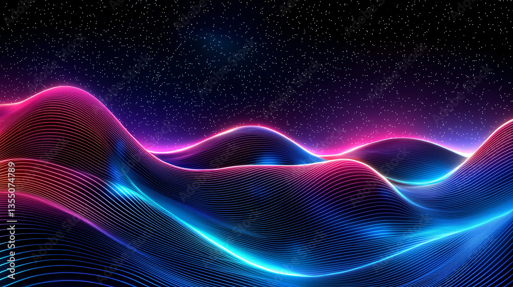 Fototapeta premium Futuristic Neon Landscape with Wavy Glowing Surface Underneath a Starry Sky Digital Illustration