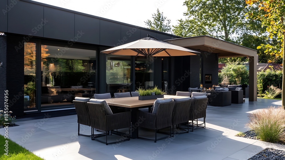 Fototapeta premium Elegant outdoor dining area featuring a stylish table and umbrella surrounded by greenery : Generative AI