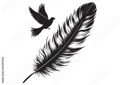 vector silhouette of a feather with flying bird logo, feather with flying bird logo icon, feather with bird logo design black animal, black feather with flying bird silhouettes on white background