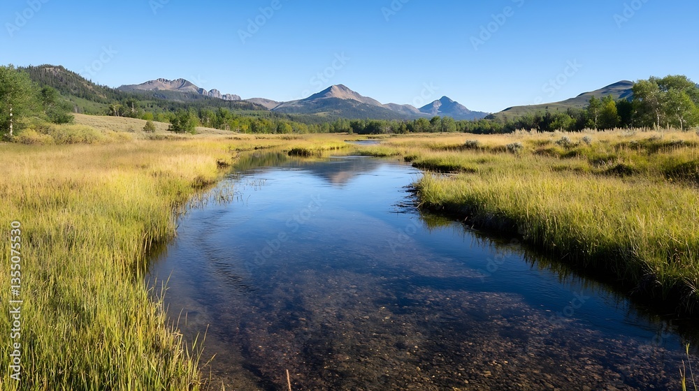 Stunning landscape of a serene river flowing through grassy fields with mountains in the background : Generative AI Stunning landscape of a serene river flowing through grassy fields with mountains in the background : Generative AI