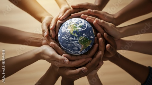 Hands of diverse people holding globe. Symbolizes unity, environmental protection, global responsibility, and social themes of diversity, sustainability and collaborative care.