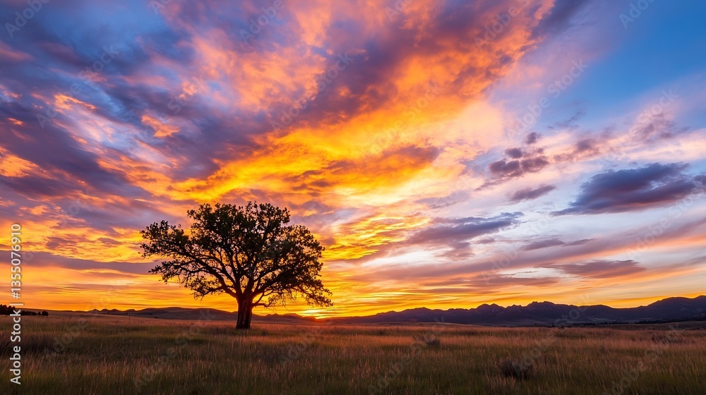 Fototapeta premium Lone Tree Silhouetted Against a Fiery Sunset Sky : Generative AI