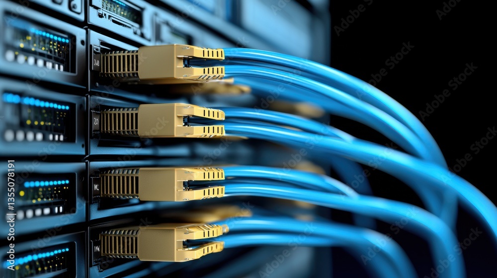 Fototapeta premium Blue Fiber Optic Cables Connected to Server Rack