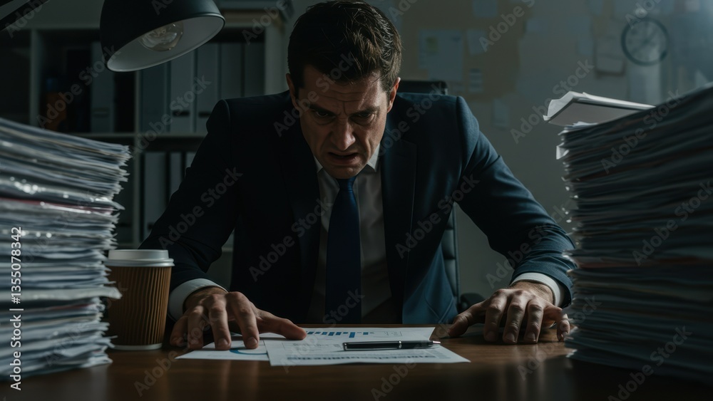 Fototapeta premium Stressed Caucasian businessman analyzes financial graph at desk overloaded with paperwork in office. Reflects workplace pressure, late night work, and frustration with deadline.