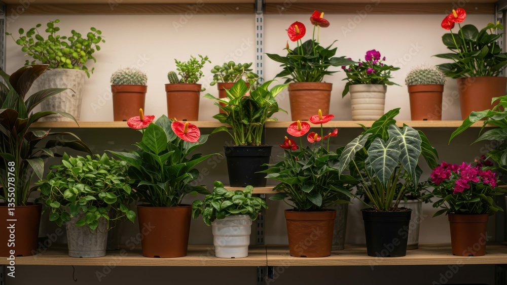 Fototapeta premium Potted houseplants on shelves. Indoor collection includes Anthurium, cacti, succulents, flowers, variety of potters, home decoration, calming effect, promoting wellness. 