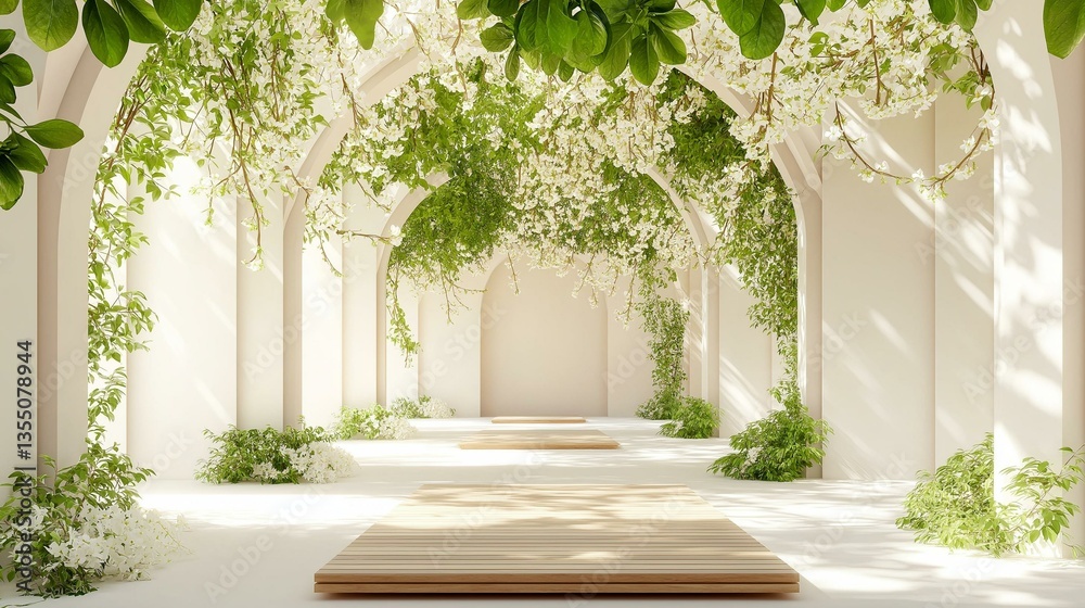Fototapeta premium Empty room with a wooden floor and white walls. the room is decorated with a beautiful archway made of white flowers and greenery.