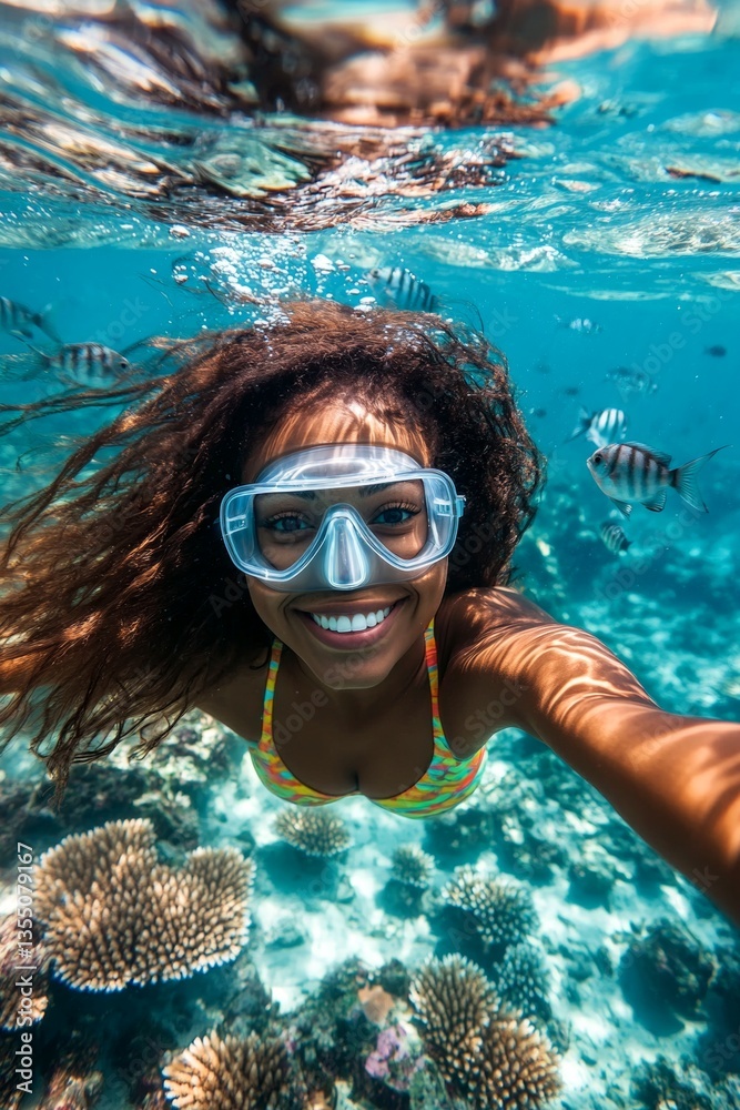 Fototapeta premium Many tropical fish swim next to her. Bright commercial style image. A attractive and sexy happy asian young woman with curly hair in a swimming mask and fins snorkeling among the corals.