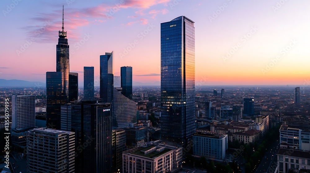 Fototapeta premium Stunning aerial view of modern skyscrapers during sunset in a bustling city skyline : Generative AI