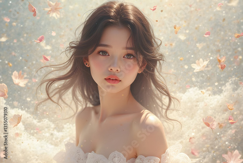 Beautiful asian model posing surrounded by falling petals and sparkles