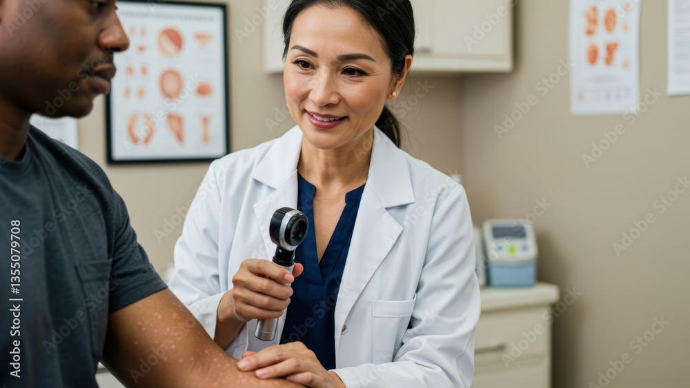 Fototapeta premium Asian dermatologist examines African-American patient's skin condition in medical office. Doctor uses dermatoscopy tool to diagnose vitiligo, showing health, diversity, trust and support.