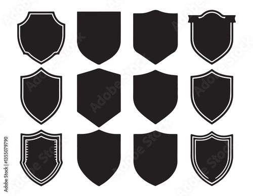 Classic heraldic shields, a set of shiny metal protection emblems